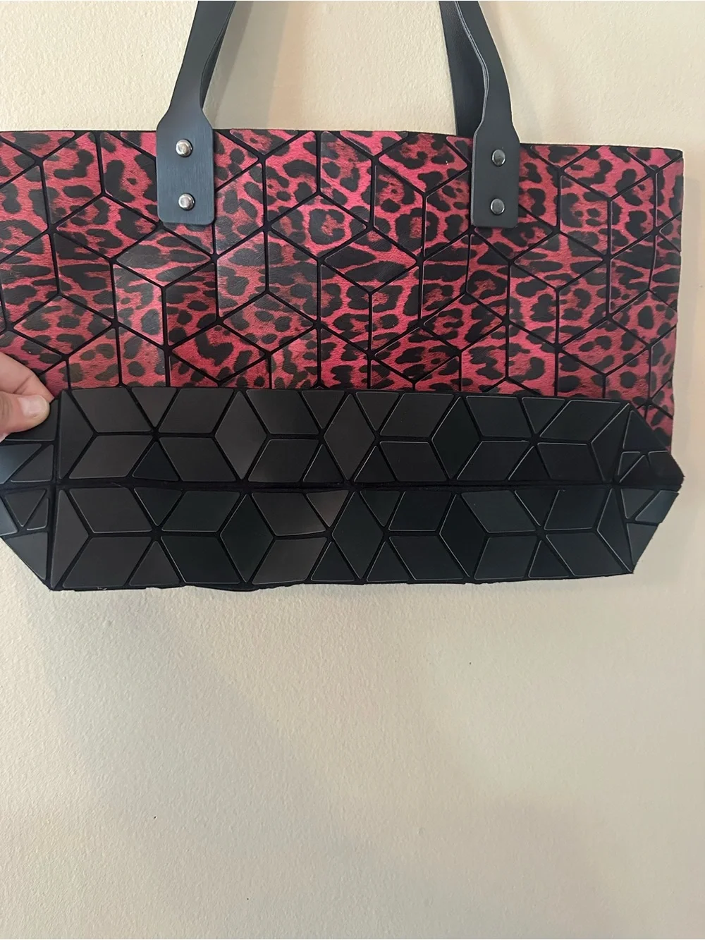 NWOT Patrizia Luca Red Leopard Print Tote with Black Geometric Base